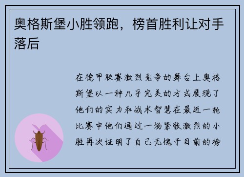 奥格斯堡小胜领跑，榜首胜利让对手落后